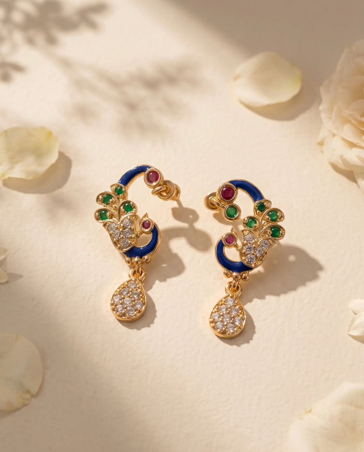 AD Enamel Peacock Drop Earrings